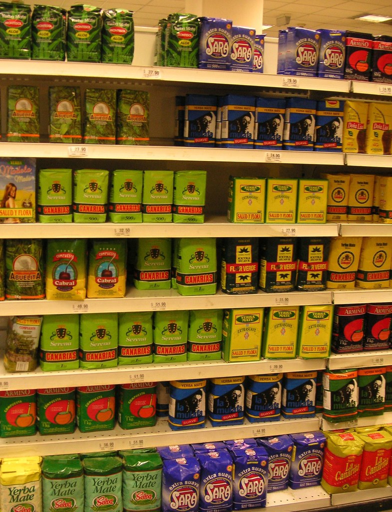different bags of yerba mate in a supermarket
